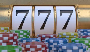Slot makinesidir casino ve birçok paralar. 3D render illüstrasyon.