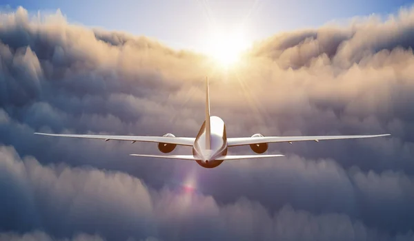 Avión volando sobre nubes en el cielo al atardecer. 3D renderizado i — Foto de Stock