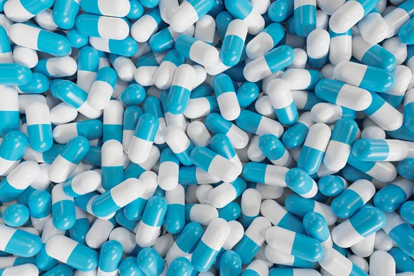 Muitas pílulas azuis e brancas no fundo. Ilustração renderizada em 3D — Fotografia de Stock