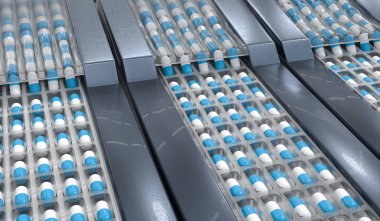 Pharmaceutical production of pills. Drugs manufacturing. 3D rend
