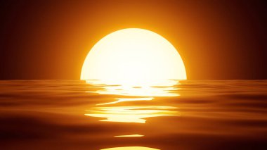 Big sun at sunset. Reflection of Sun light in waves of water sur