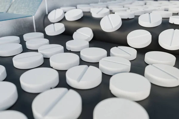 Many drugs on pharmaceutical production line. 3D rendered illust