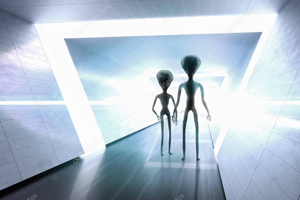 Silhouettes of spooky aliens and bright light in background. 3D rendered illustration.