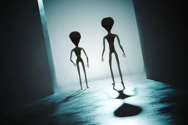 Silhouette Alieni Spettrali Luce Intensa Sullo Sfondo Illustrazione Resa — Foto Stock
