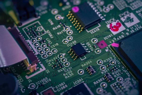 Macro of electronic circuit. Small semiconductors and other electronics.