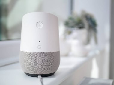 Uk, Ekim 2019: Google akıllı ev hoparlörü ve mikrofon deliğinin arkasındaki kapatma düğmesi