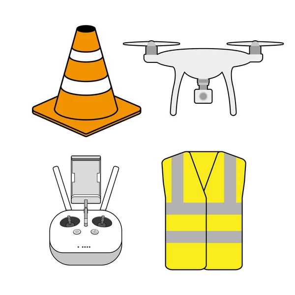 İHA pilotsuz hava aracı ekipmanları ve güvenlik simgeleri vektör dronu, denetleyici, koni, selam