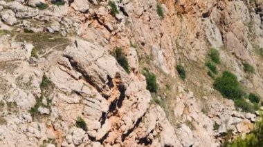 Kırım'da, 15. yüzyıldan Ceneviz Chambalo Kulesi tarihi yerler. Kamera uçurumun yürüyerek en üst taşınır..