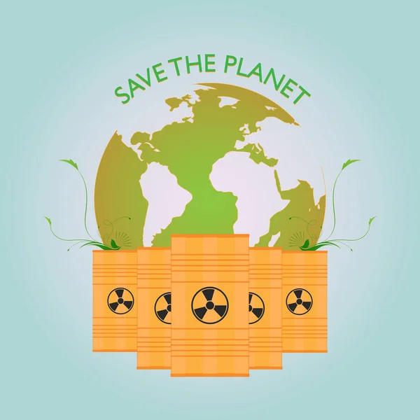 地球放射と樽で埋葬されています 放射性廃棄物から地球を保存します 環境企業のためのポスター — ストックベクタ