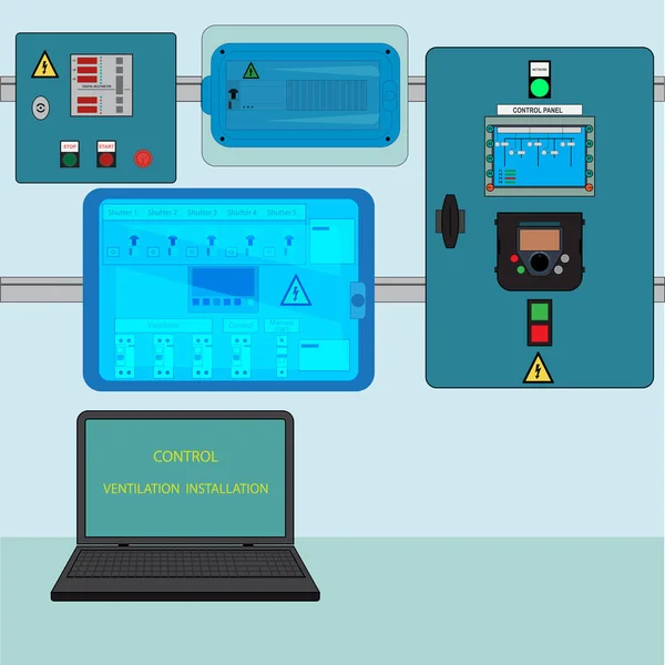 Controla Sistema Ventilação Com Controle Computador Quadros Técnicos Comando Sistema —  Vetores de Stock