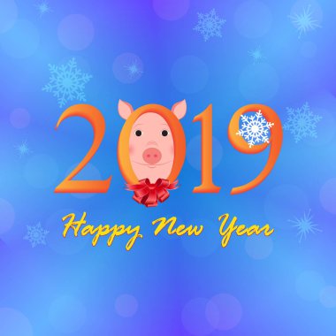 Mutlu yeni yıl tebrik kartı. Renkli vektör görüntü yuvarlak bir çerçeve içinde bir yay ile bir domuz. 2019 yılı için tebrikler.
