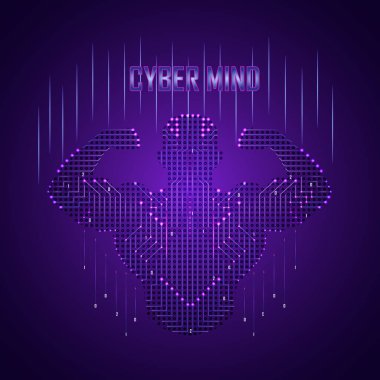 Bir siber beyin güçlü bir insan şeklinde veri akışı oluşur. Güçlü yapay zeka bir atlet mor bir arka plan üzerinde şeklinde.
