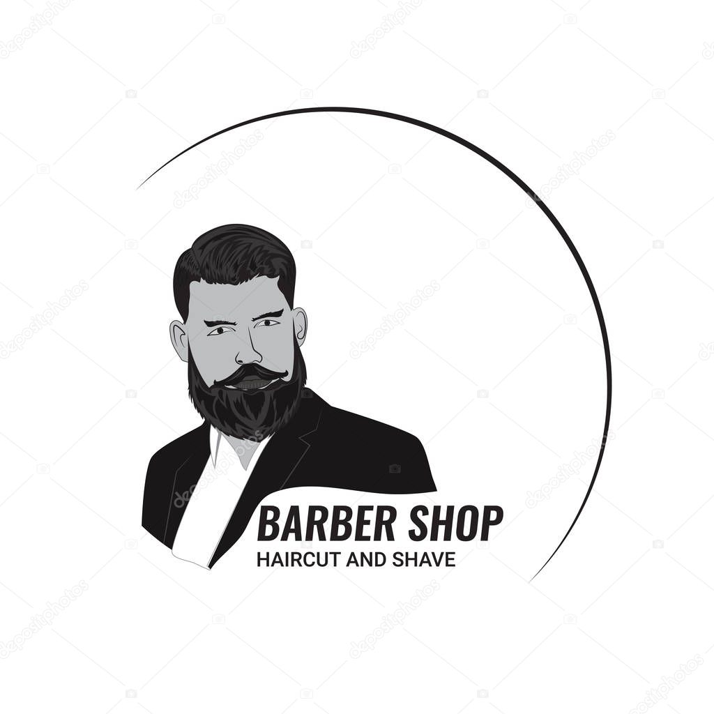 The face of a man with a beard in a round edging with text. Logo for hairdressing and mens salons. Vector illustration is made in black and white style.