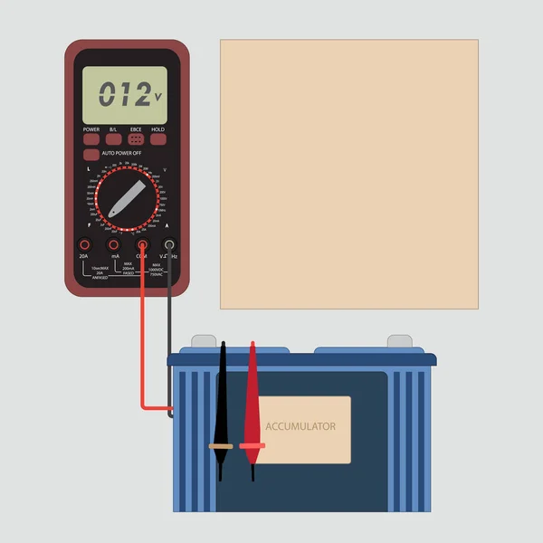 万用表测量汽车电池的电压 用于文本信息的累加器 电压表和框架 — 图库矢量图片
