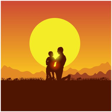 Bir çocukla yaz seyahati. Baba oğul kamp yapıyor. Güneş arka planındaki insanların silueti. Spring ailesi piknik gezisi. Doğa, dağlar, tepeler ve günbatımı.