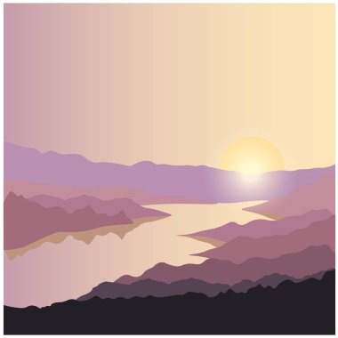 Macera manzarası kavramı. Nehir silueti, dağlar, tepeler ve güneş ve gökyüzü arka planındaki orman. Yaz gezisi. Bahar gezisi. Doğa ve gündoğumu. Dolaşmak ve kamp yapmak..