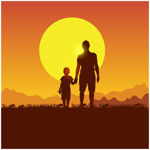 Natur Berge Hügel Und Sonnenuntergang Vater Und Sohn Zelten Silhouette — Stockvektor