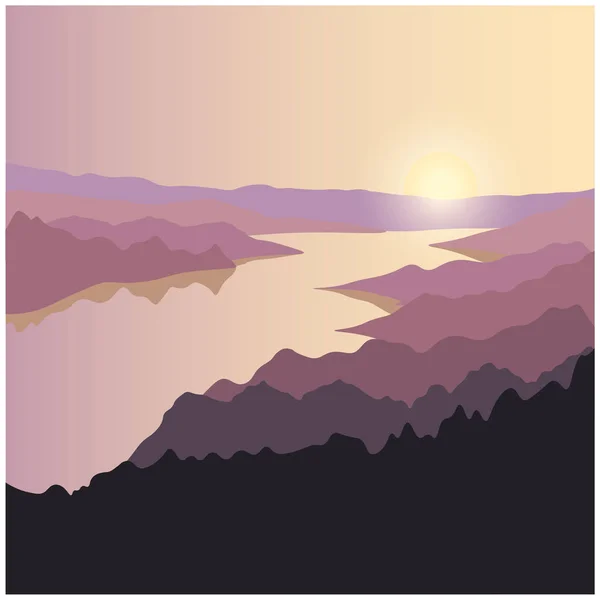 Silhouette Von Fluss Bergen Hügeln Und Wald Auf Dem Sonnen — Stockvektor