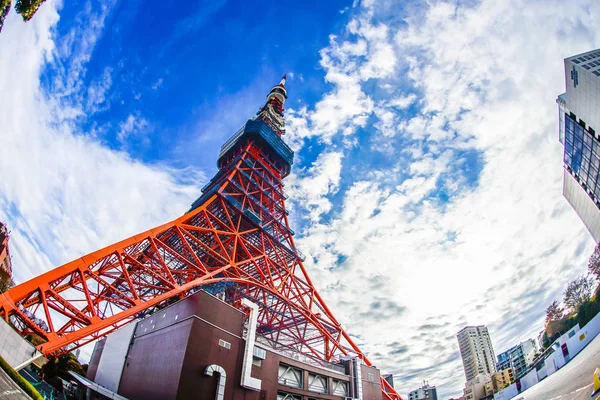 Modrá Obloha Tokijská Věž Pořízena Čočkou Rybího Oka — Stock fotografie