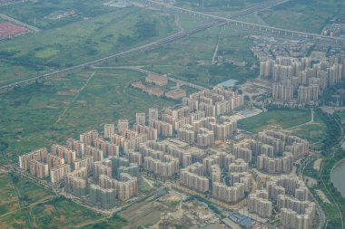 Chengdu, Çin şehri gökyüzünden görünüyor.