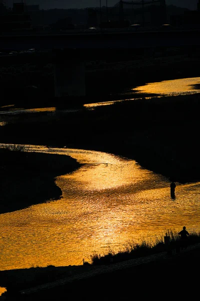 Crepúsculo Luz Refletida Rio Tama — Fotografia de Stock