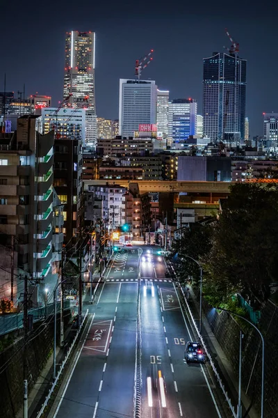 Nachtzicht Verkeer Van Yokohama Minato Mirai Van Gebouwen — Stockfoto