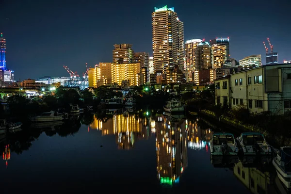 Yokohama Λιμάνι Των Πλοίων Και Yokohama Minato Mirai Της Νυχτερινής — Φωτογραφία Αρχείου