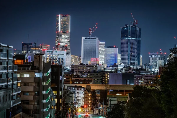 Visão Noturna Tráfego Yokohama Minato Mirai Edifícios — Fotografia de Stock