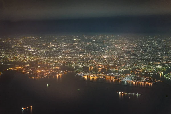 Yokohama Vista Noturna Como Visto Avião — Fotografia de Stock