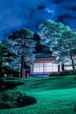 Japon evi, bahçe ve ay.