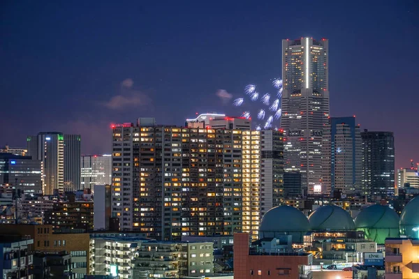 Minato Mirai Městská Krajina Ohňostroj — Stock fotografie