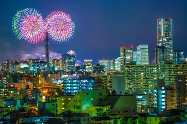 Yokohama Skyline Och Fyrverkerier Minato Mirai Smart Festival — Stockfoto