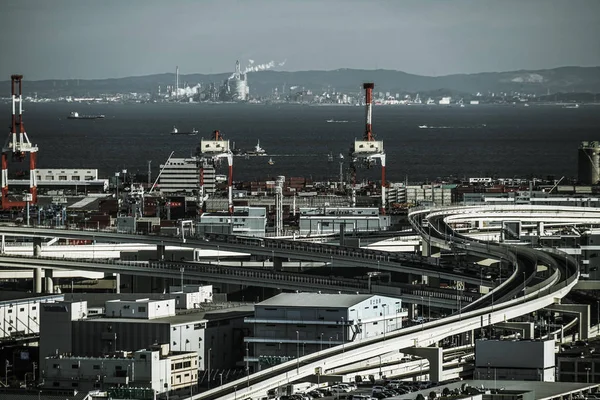 Widoczny Wieży Morskiej Pejzaż Miasta Jokohamy Monochromatyczny — Zdjęcie stockowe