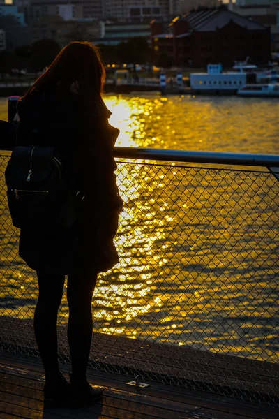 Mujer Pie Crepúsculo Del Gran Muelle — Foto de Stock