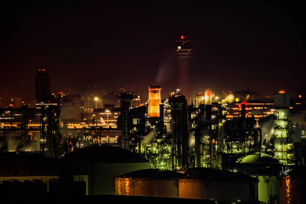 Vista Nocturna Zona Industrial Keihin Que Visible Desde Kawasaki Marien —  Fotos de Stock