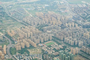 Chengdu, Çin şehri gökyüzünden görünüyor.