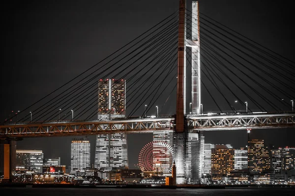 Yokohama Körfezi Köprüsü Yokohama Minato Mirai Gece Görüşlü — Stok fotoğraf