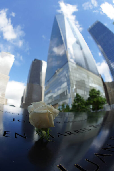 One World Trade Center and Ground Zero of roses