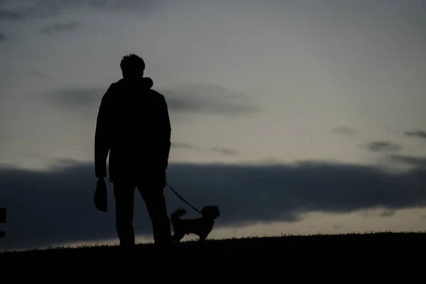 Menschliche Silhouette Zum Hund Für Einen Spaziergang Abend Des Hügels — Stockfoto
