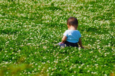 Bebek çayırda oturuyor