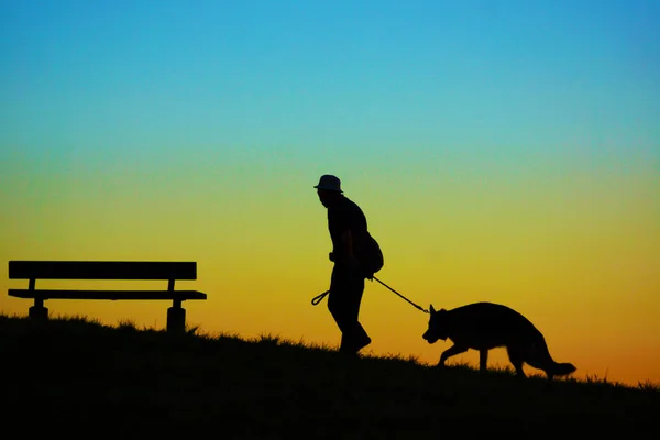Pessoas Caminhando Noite Colina Com Seu Cão — Fotografia de Stock