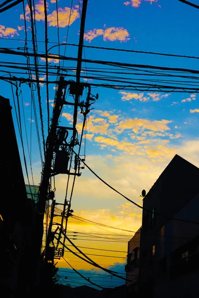 Zonsondergang Elektrische Draad Silhouet — Stockfoto