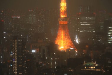 Tokyo Kulesi ve sisle kaplanmış şehir manzarası