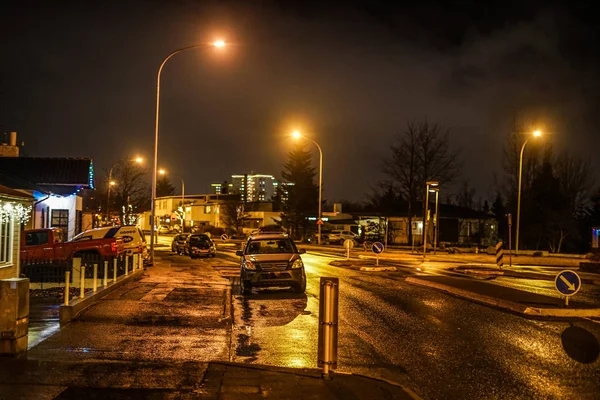 Izland Reykjavik Városkép Éjszakai Nézet — Stock Fotó