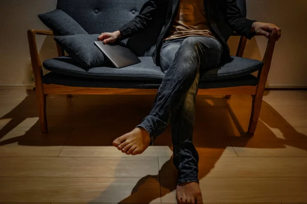 Men Sit Fashionable Sofa — Stock Photo, Image