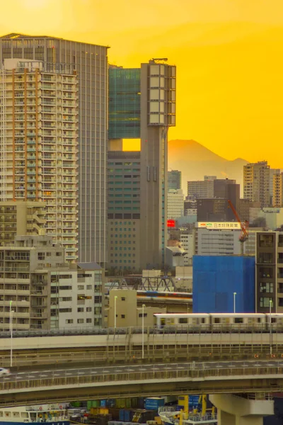 Yurikamome Tokyo Waterfront Neuen Verkehr Küstenlinie Und Abend — Stockfoto