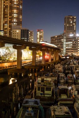 Gemiler ve Tokyo silueti (günbatımı)