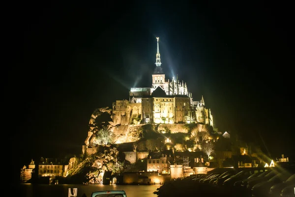 Luci Mont Saint Michel Vista Notturna — Foto Stock