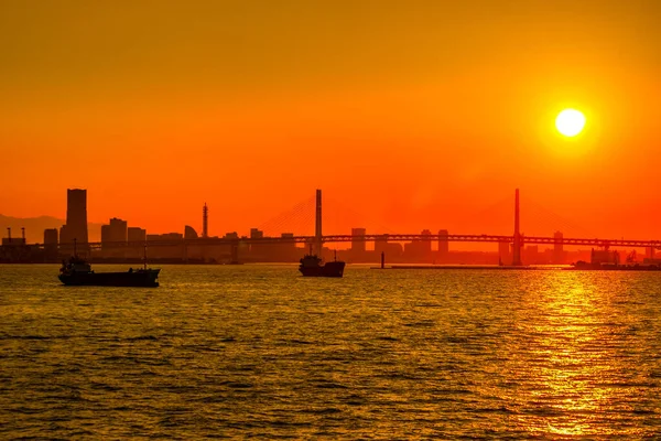 Silueta Puesta Sol Del Buque Carga — Foto de Stock