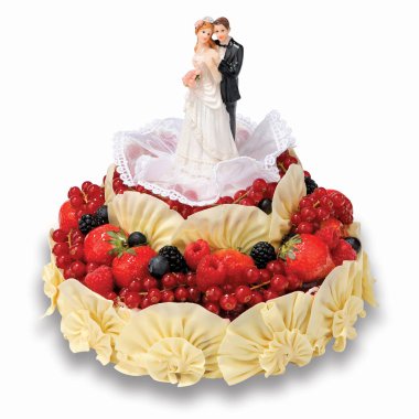 Taze dutlu düğün pastası ve gelin ve damat figürleri.